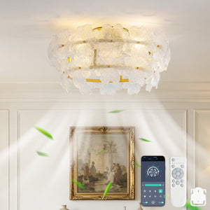 English Elm 19-Inch Floral Glass Flush Mount Ceiling Fan with Gold Hardware for Romantic Bedrooms W2991P532745
