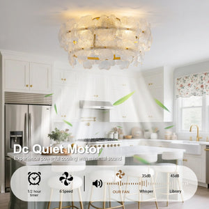 English Elm 19-Inch Floral Glass Flush Mount Ceiling Fan with Gold Hardware for Romantic Bedrooms W2991P532745