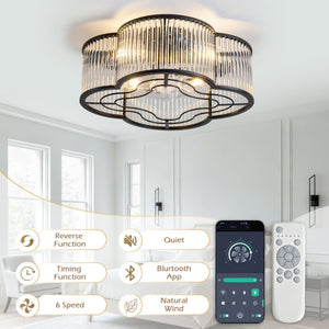 English Elm 19-Inch Crystal Strip Flush Mount Ceiling Fan with Smart App Remote and Six Speeds W2991P532749