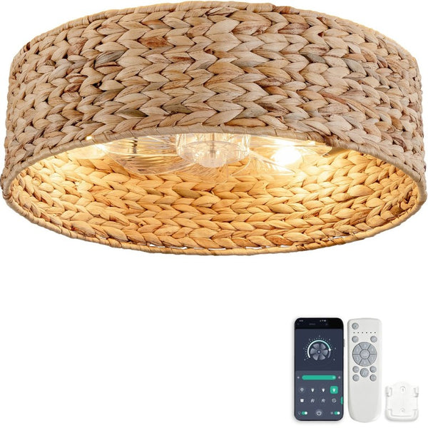 English Elm 19-Inch Hand-Woven Rattan Ceiling Fan with Bluetooth Control for Bohemian Bedrooms W2991P532750