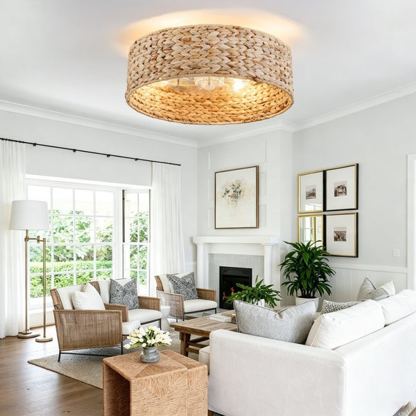 English Elm 19-Inch Hand-Woven Rattan Ceiling Fan with Bluetooth Control for Bohemian Bedrooms W2991P532750