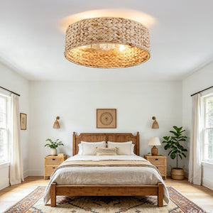 English Elm 19-Inch Hand-Woven Rattan Ceiling Fan with Bluetooth Control for Bohemian Bedrooms W2991P532750