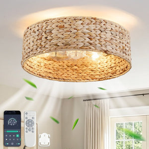 English Elm 19-Inch Hand-Woven Rattan Ceiling Fan with Bluetooth Control for Bohemian Bedrooms W2991P532750