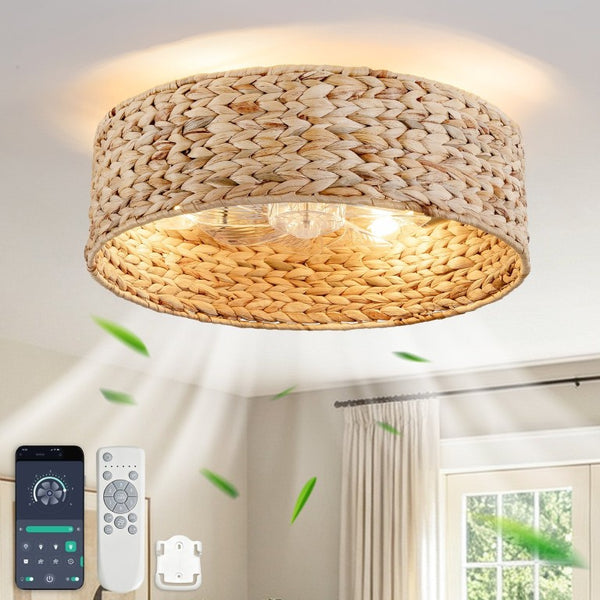 English Elm 19-Inch Hand-Woven Rattan Ceiling Fan with Bluetooth Control for Bohemian Bedrooms W2991P532750