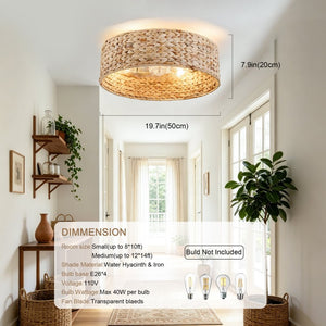 English Elm 19-Inch Hand-Woven Rattan Ceiling Fan with Bluetooth Control for Bohemian Bedrooms W2991P532750