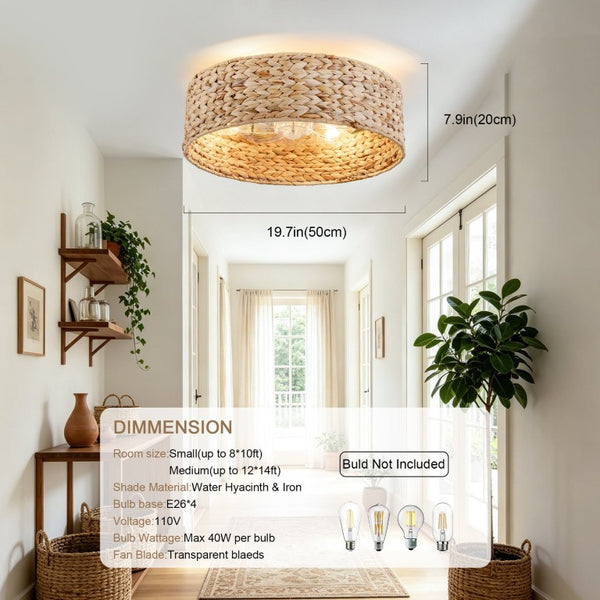 English Elm 19-Inch Hand-Woven Rattan Ceiling Fan with Bluetooth Control for Bohemian Bedrooms W2991P532750