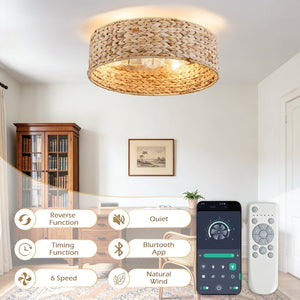 English Elm 19-Inch Hand-Woven Rattan Ceiling Fan with Bluetooth Control for Bohemian Bedrooms W2991P532750