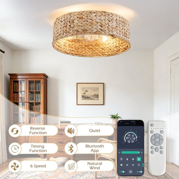 English Elm 19-Inch Hand-Woven Rattan Ceiling Fan with Bluetooth Control for Bohemian Bedrooms W2991P532750