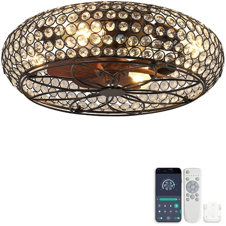 English Elm 19-Inch Vintage Industrial Crystal Ceiling Fan with Iron Cage Frame and Smart Bluetooth Control W2991P532885
