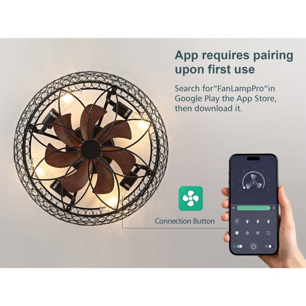 English Elm 19-Inch Vintage Industrial Crystal Ceiling Fan with Iron Cage Frame and Smart Bluetooth Control W2991P532885