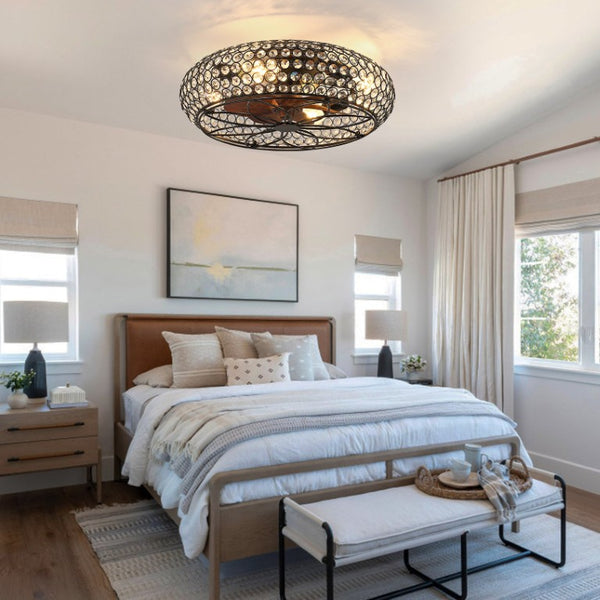 English Elm 19-Inch Vintage Industrial Crystal Ceiling Fan with Iron Cage Frame and Smart Bluetooth Control W2991P532885