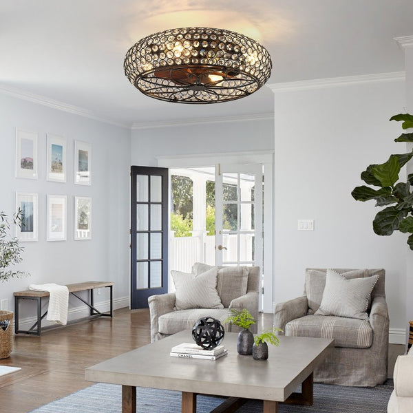 English Elm 19-Inch Vintage Industrial Crystal Ceiling Fan with Iron Cage Frame and Smart Bluetooth Control W2991P532885
