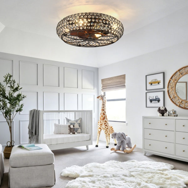 English Elm 19-Inch Vintage Industrial Crystal Ceiling Fan with Iron Cage Frame and Smart Bluetooth Control W2991P532885
