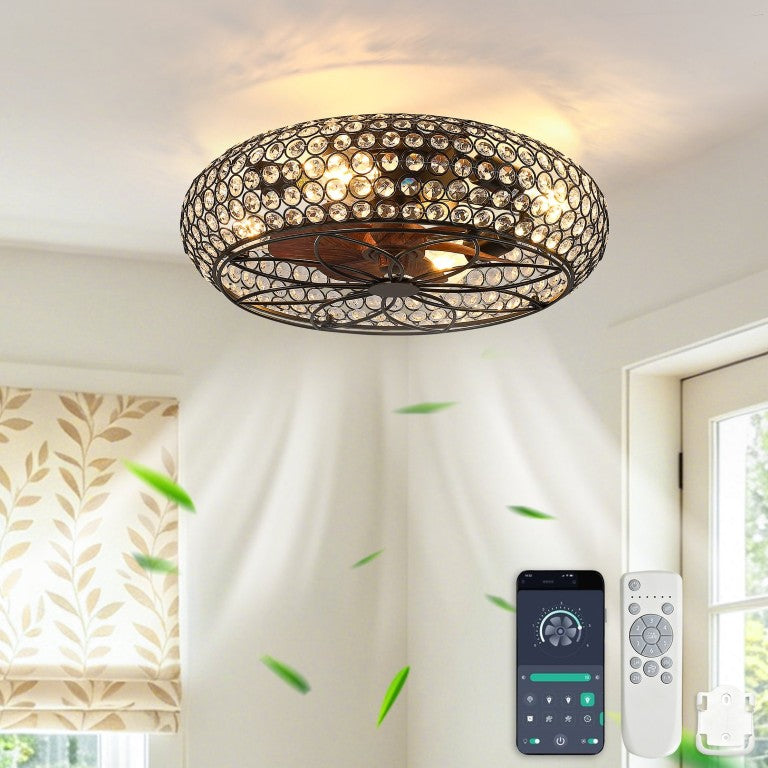 English Elm 19-Inch Vintage Industrial Crystal Ceiling Fan with Iron Cage Frame and Smart Bluetooth Control W2991P532885