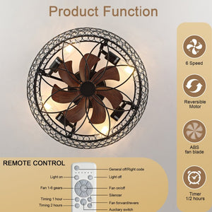 English Elm 19-Inch Vintage Industrial Crystal Ceiling Fan with Iron Cage Frame and Smart Bluetooth Control W2991P532885