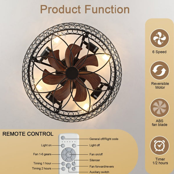 English Elm 19-Inch Vintage Industrial Crystal Ceiling Fan with Iron Cage Frame and Smart Bluetooth Control W2991P532885