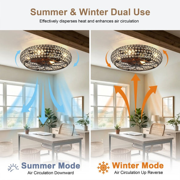 English Elm 19-Inch Vintage Industrial Crystal Ceiling Fan with Iron Cage Frame and Smart Bluetooth Control W2991P532885