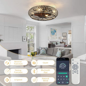 English Elm 19-Inch Vintage Industrial Crystal Ceiling Fan with Iron Cage Frame and Smart Bluetooth Control W2991P532885