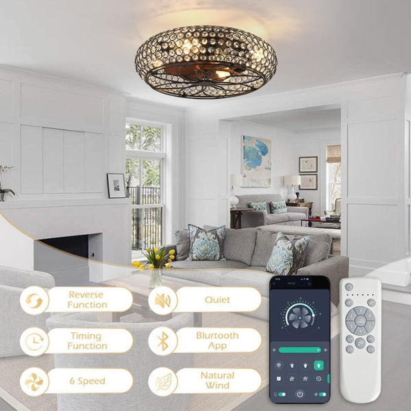 English Elm 19-Inch Vintage Industrial Crystal Ceiling Fan with Iron Cage Frame and Smart Bluetooth Control W2991P532885