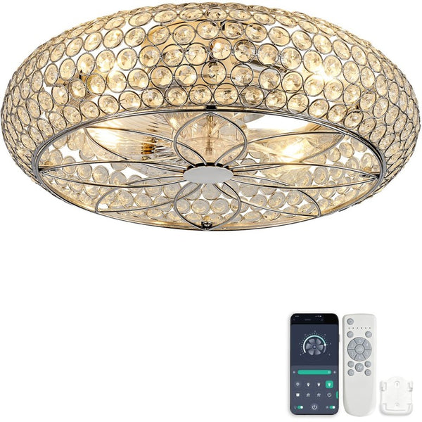 English Elm 19-Inch Crystal Mesh Chrome Ceiling Fan with Chandelier Glow and Bluetooth Control W2991P532896
