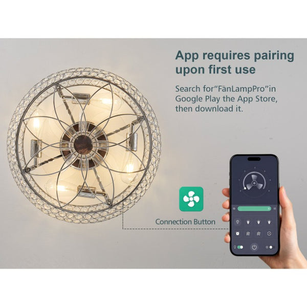English Elm 19-Inch Crystal Mesh Chrome Ceiling Fan with Chandelier Glow and Bluetooth Control W2991P532896
