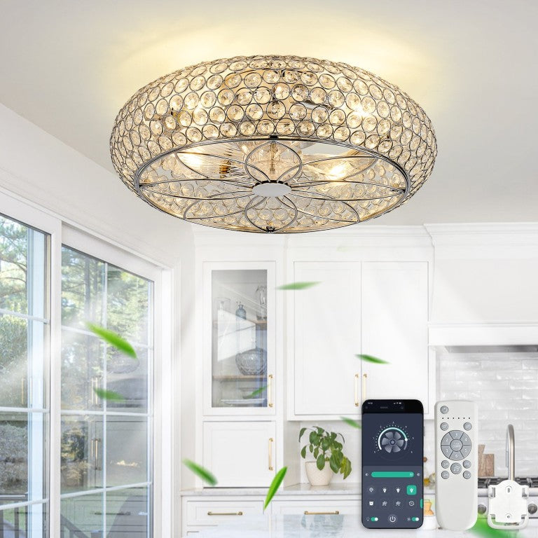 English Elm 19-Inch Crystal Mesh Chrome Ceiling Fan with Chandelier Glow and Bluetooth Control W2991P532896