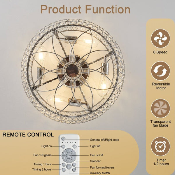English Elm 19-Inch Crystal Mesh Chrome Ceiling Fan with Chandelier Glow and Bluetooth Control W2991P532896