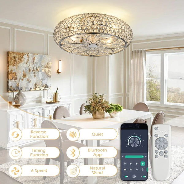 English Elm 19-Inch Crystal Mesh Chrome Ceiling Fan with Chandelier Glow and Bluetooth Control W2991P532896