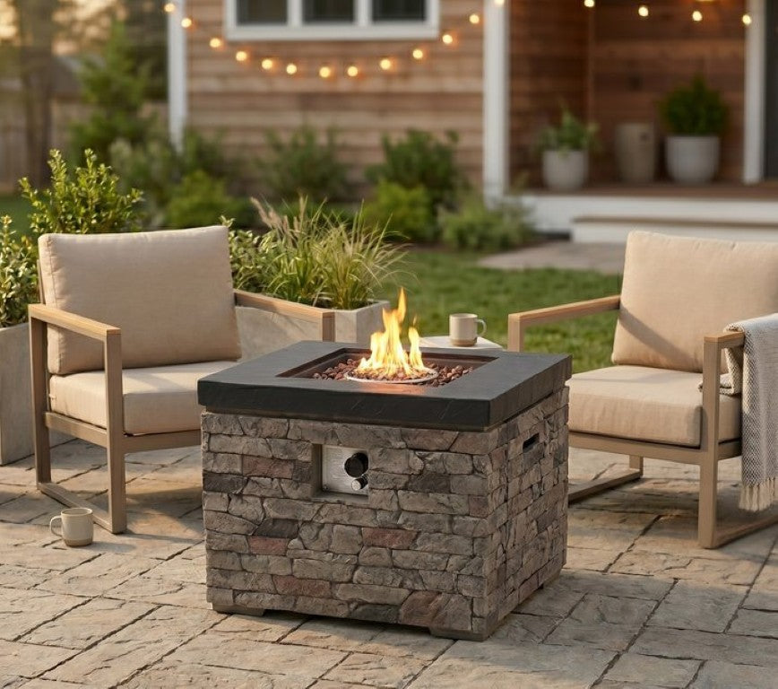 English Elm 32-Inch Propane Fire Pit Table Stacked Stone Concrete Look Patio Lounge Feature W3016P498184