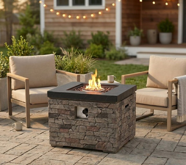 English Elm 32-Inch Propane Fire Pit Table Stacked Stone Concrete Look Patio Lounge Feature W3016P498184