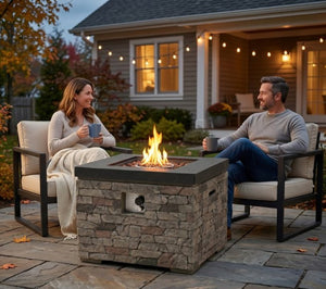 English Elm 32-Inch Propane Fire Pit Table Stacked Stone Concrete Look Patio Lounge Feature W3016P498184
