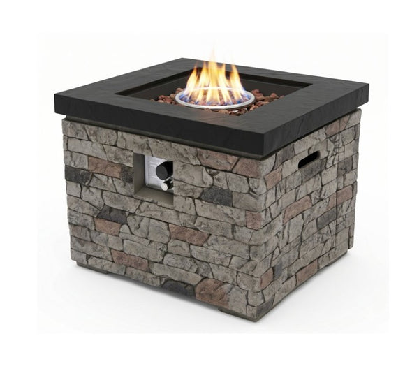 English Elm 32-Inch Propane Fire Pit Table Stacked Stone Concrete Look Patio Lounge Feature W3016P498184
