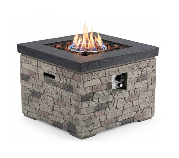 English Elm 32-Inch Propane Fire Pit Table Stacked Stone Concrete Look Patio Lounge Feature W3016P498184