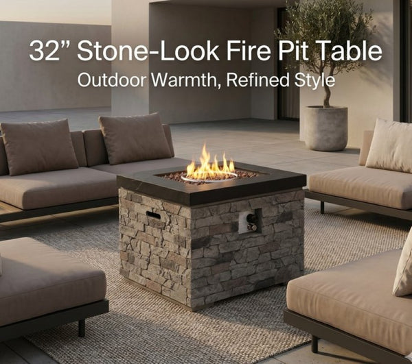 English Elm 32-Inch Propane Fire Pit Table Stacked Stone Concrete Look Patio Lounge Feature W3016P498184