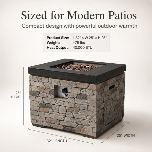 English Elm 32-Inch Propane Fire Pit Table Stacked Stone Concrete Look Patio Lounge Feature W3016P498184