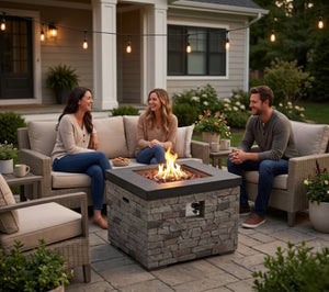 English Elm 32-Inch Propane Fire Pit Table Stacked Stone Concrete Look Patio Lounge Feature W3016P498184