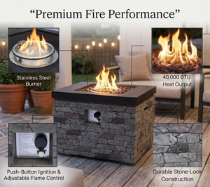 English Elm 32-Inch Propane Fire Pit Table Stacked Stone Concrete Look Patio Lounge Feature W3016P498184