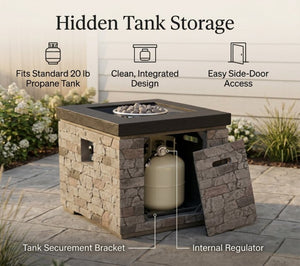 English Elm 32-Inch Propane Fire Pit Table Stacked Stone Concrete Look Patio Lounge Feature W3016P498184