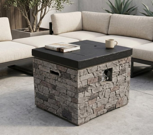 English Elm 32-Inch Propane Fire Pit Table Stacked Stone Concrete Look Patio Lounge Feature W3016P498184
