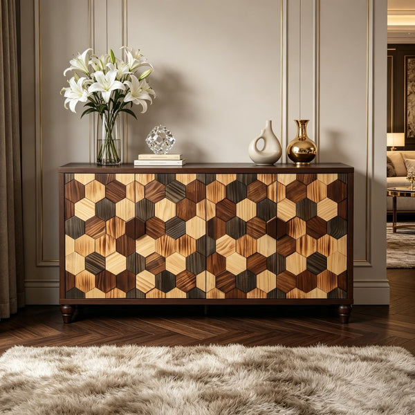 English Elm 59.8" Mosaic Honeycomb Ash Wood Sideboard Artisan Storage Cabinet for Dining Rooms W3040P480534
