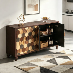 English Elm 59.8" Mosaic Honeycomb Ash Wood Sideboard Artisan Storage Cabinet for Dining Rooms W3040P480534