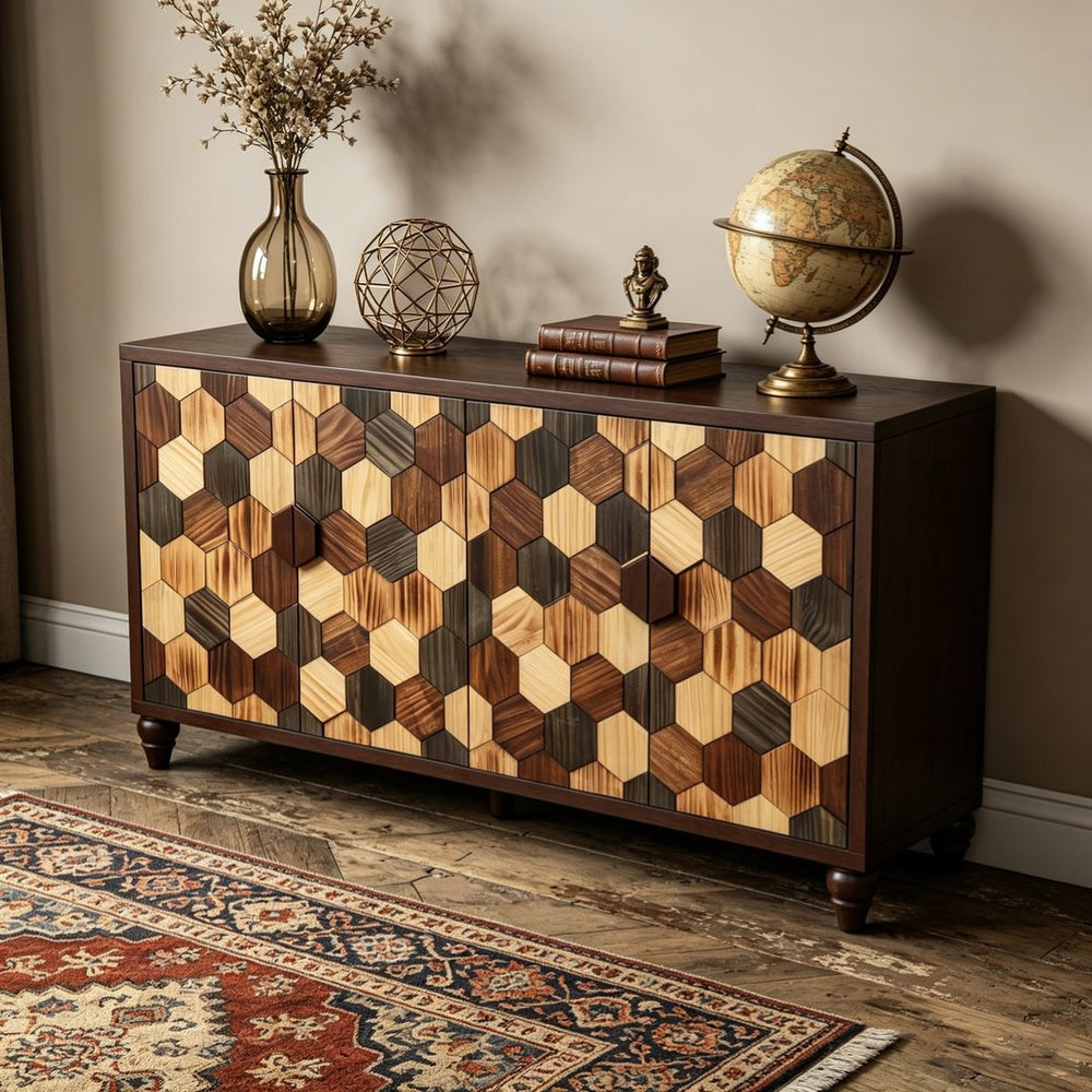 English Elm 59.8" Mosaic Honeycomb Ash Wood Sideboard Artisan Storage Cabinet for Dining Rooms W3040P480534