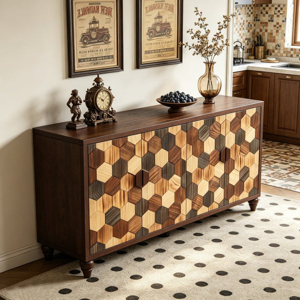 English Elm 59.8" Mosaic Honeycomb Ash Wood Sideboard Artisan Storage Cabinet for Dining Rooms W3040P480534