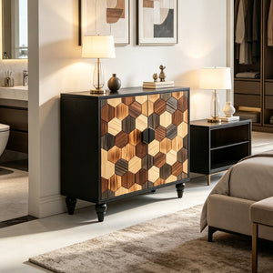 English Elm 30.31 Honeycomb Parquet Sideboard Ash Wood Grain Top Tapered Pine Legs Modern Farmhouse W3040P480535