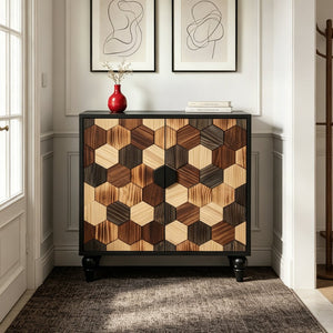 English Elm 30.31 Honeycomb Parquet Sideboard Ash Wood Grain Top Tapered Pine Legs Modern Farmhouse W3040P480535