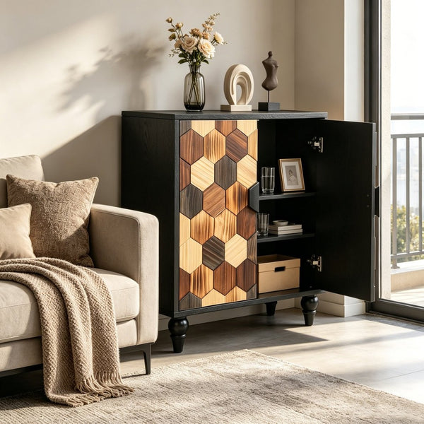 English Elm 30.31 Honeycomb Parquet Sideboard Ash Wood Grain Top Tapered Pine Legs Modern Farmhouse W3040P480535