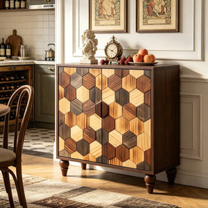 English Elm 30.31 Honeycomb Parquet Sideboard Handcrafted Ash Wood Accent Cabinet for Dining Room W3040P480540