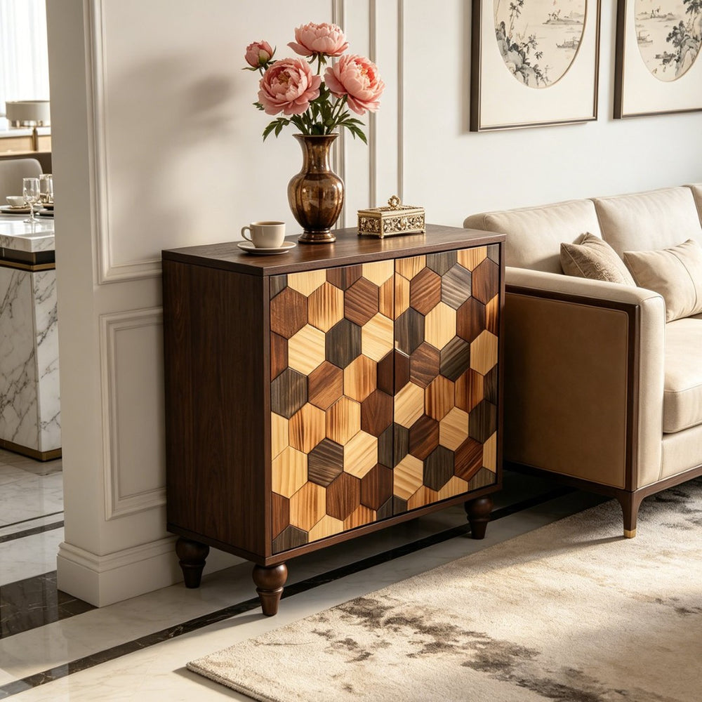 English Elm 30.31 Honeycomb Parquet Sideboard Handcrafted Ash Wood Accent Cabinet for Dining Room W3040P480540