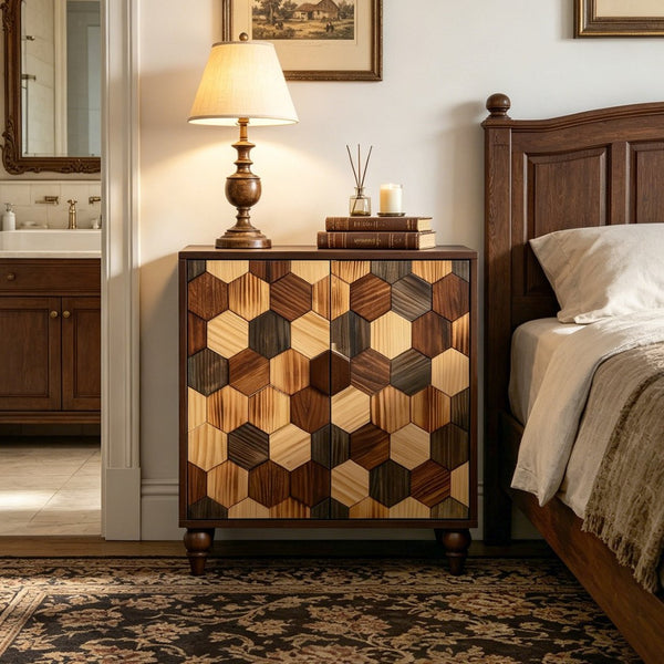 English Elm 30.31 Honeycomb Parquet Sideboard Handcrafted Ash Wood Accent Cabinet for Dining Room W3040P480540