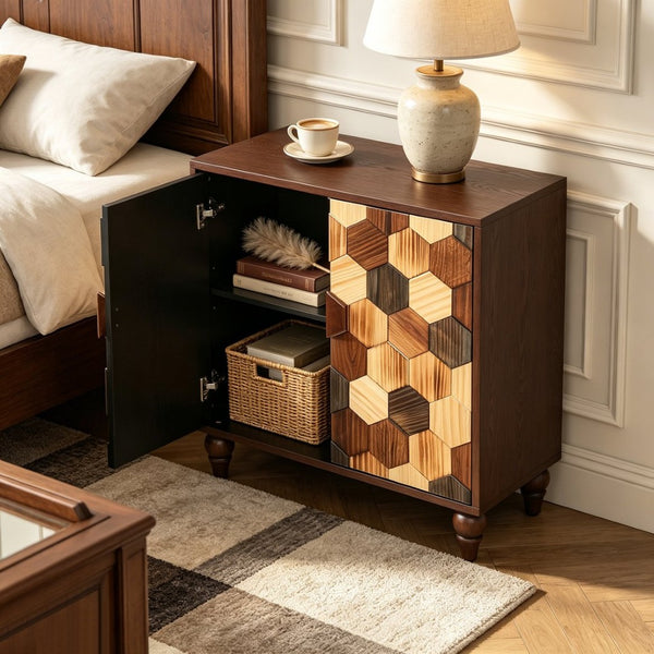 English Elm 30.31 Honeycomb Parquet Sideboard Handcrafted Ash Wood Accent Cabinet for Dining Room W3040P480540